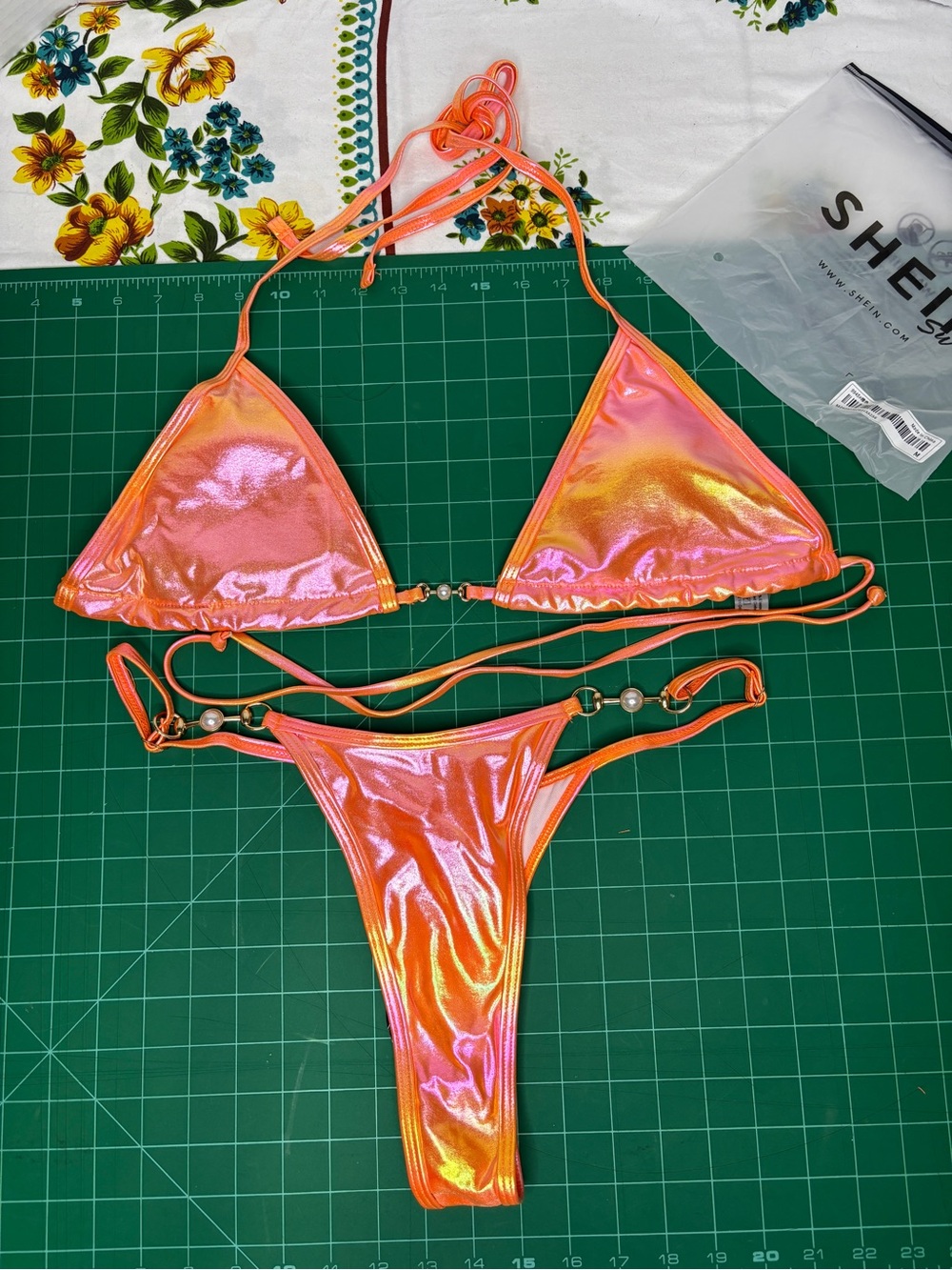 SHEIN Women’s Iridescent Orange-Pink Triangle Bikini Set Pearl Detail Thong Swim